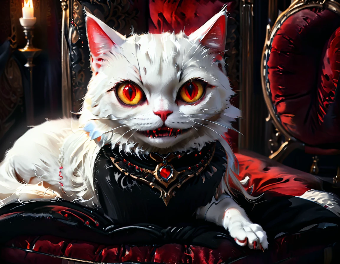 a portrait of vampiric cat, close up portrait of white cat with white fur, shiny fur, red glowing eyes, vampiric feline fangs, he has a red diamond collar, he sits on  a black velvet pillow, intricate detailed pillow, (full body shot: 1.3), dark fantasy library in the background, Ultra-high resolution, High Contrast, (masterpiece:1.5), (anatomically correct: 1.4), highest quality, Best aesthetics), best details, best quality, highres, ultra wide angle, 16k, [ultra detailed], masterpiece, best quality, (extremely detailed), Amber cat eyes, vampire teeth, gothichorrorAI