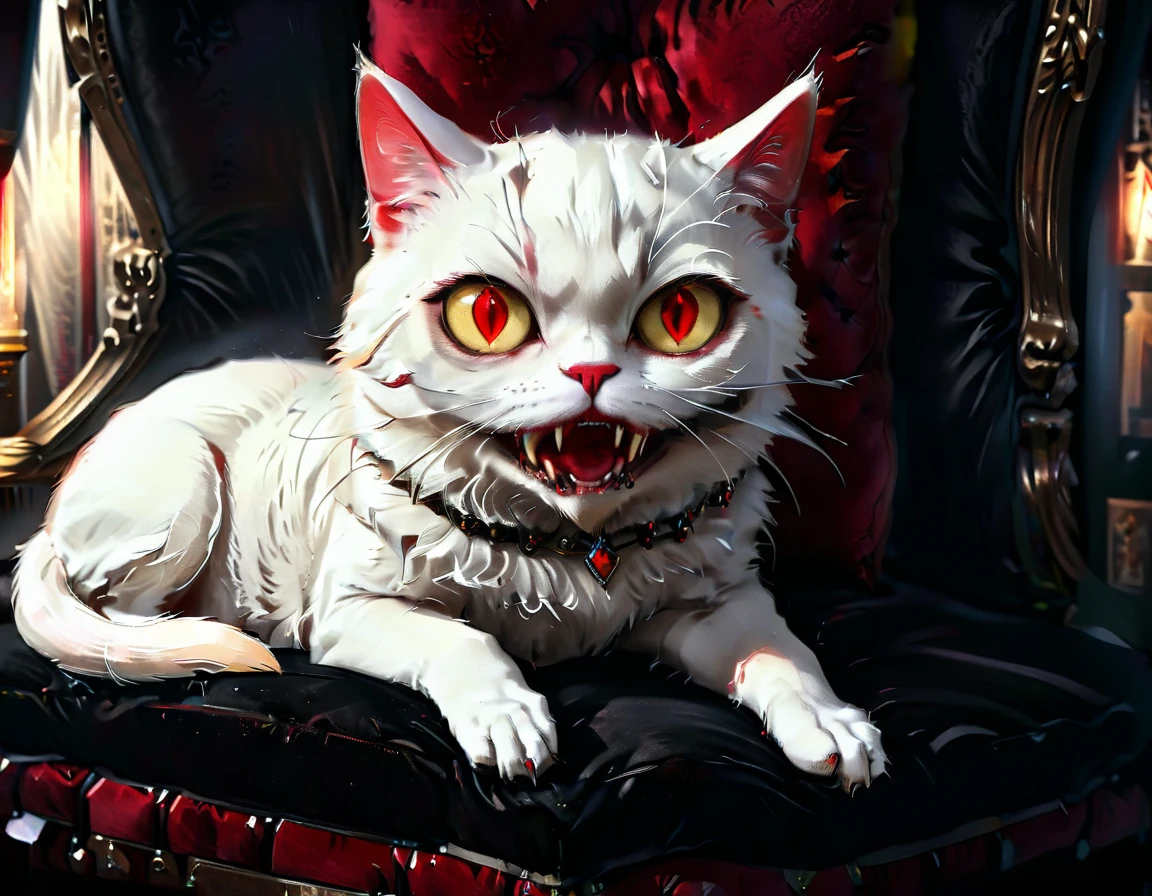 a portrait of vampiric cat, close up portrait of white cat with white fur, shiny fur, red glowing eyes, vampiric feline fangs, he has a red diamond collar, he sits on  a black velvet pillow, intricate detailed pillow, (full body shot: 1.3), dark fantasy library in the background, Ultra-high resolution, High Contrast, (masterpiece:1.5), (anatomically correct: 1.4), highest quality, Best aesthetics), best details, best quality, highres, ultra wide angle, 16k, [ultra detailed], masterpiece, best quality, (extremely detailed), Amber cat eyes, vampire teeth, gothichorrorAI