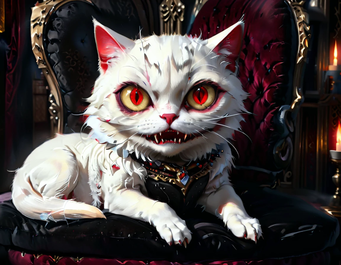 a portrait of vampiric cat, close up portrait of white cat with white fur, shiny fur, red glowing eyes, vampiric feline fangs, he has a red diamond collar, he sits on  a black velvet pillow, intricate detailed pillow, (full body shot: 1.3), dark fantasy library in the background, Ultra-high resolution, High Contrast, (masterpiece:1.5), (anatomically correct: 1.4), highest quality, Best aesthetics), best details, best quality, highres, ultra wide angle, 16k, [ultra detailed], masterpiece, best quality, (extremely detailed), Amber cat eyes, vampire teeth, gothichorrorAI