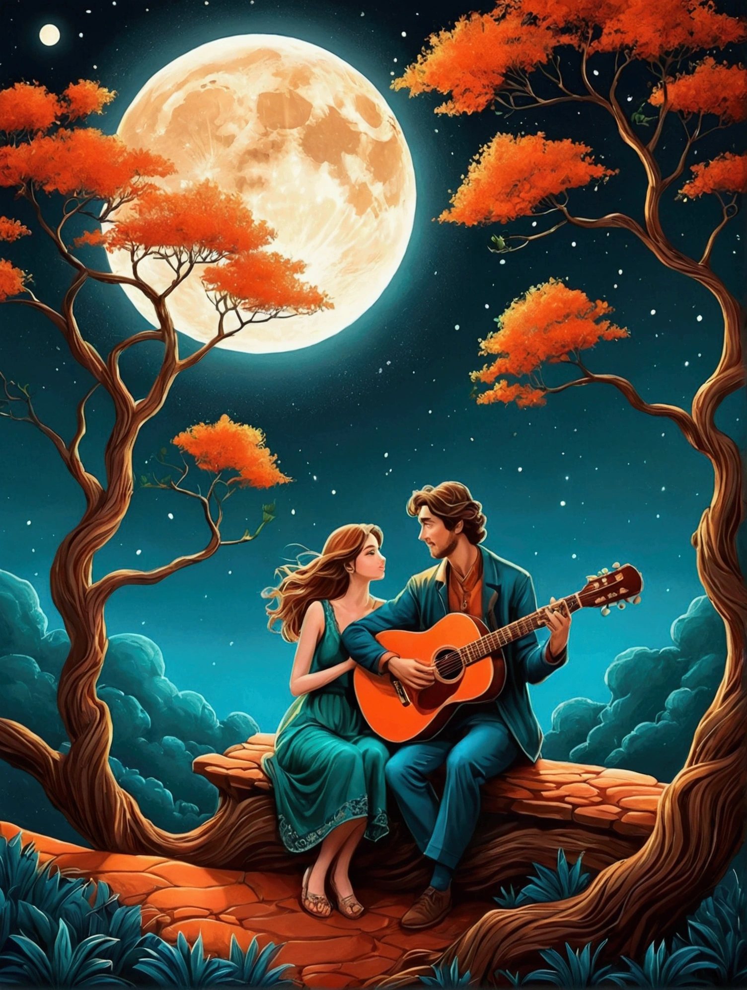 Cartoon hand drawn, Romantic ancient style,night,Backlight,A Guitarist and a Woman Sitting on a Branch,Play guitar,There is a full moon behind,Alexander,repeat,Fresh colors,Soft colors,Diode lamp,Concept art style,extremely intricate details,Clear distinction between light and dark,Layering,Ultra high quality, Magical naive art,Bright blue and green,The color palette is in red, orange and black tones and has a sketchy style, The background should have a simple hand-drawn doodle pattern, 1shxx1