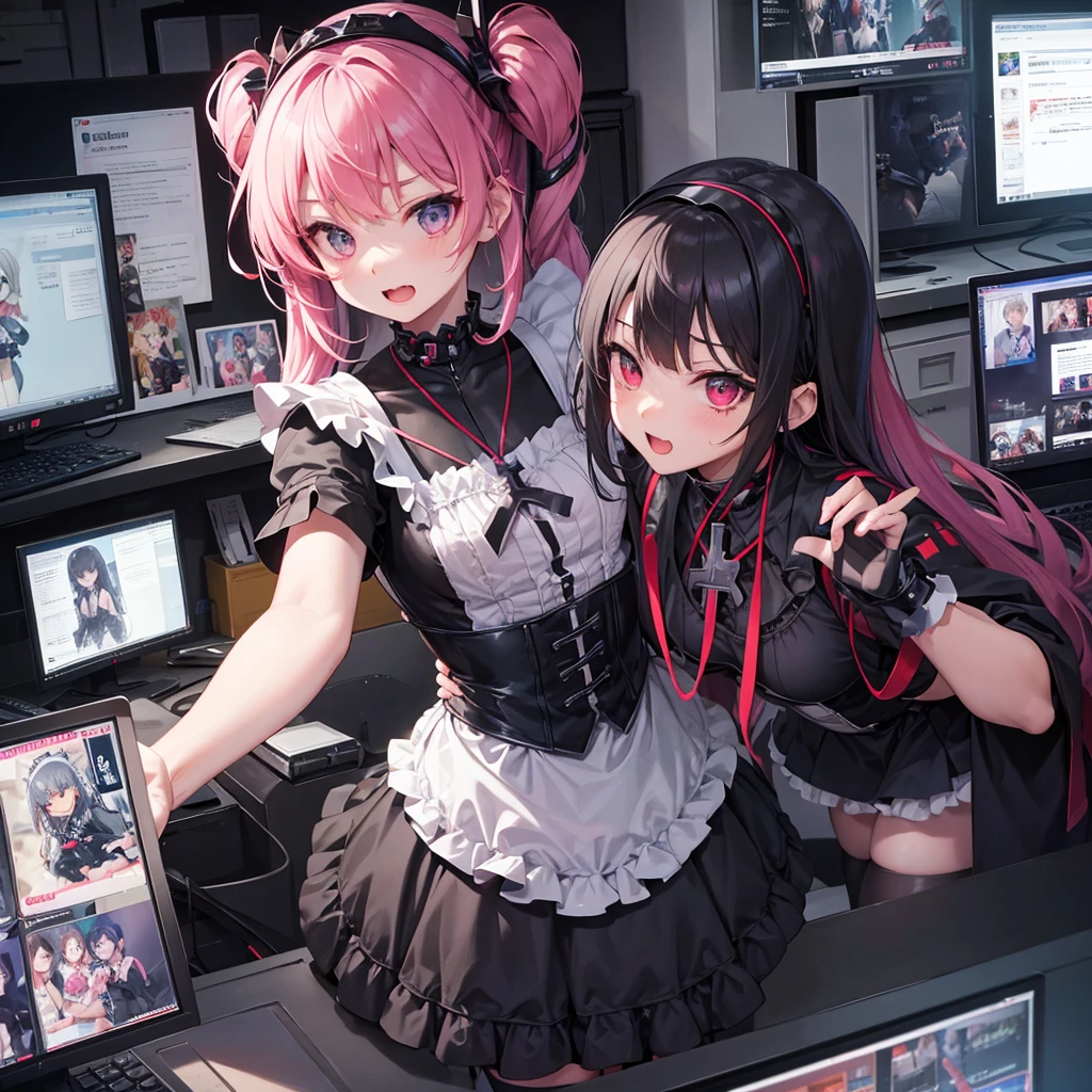 Maid clothes、 ww2，cyber punk、Soldier Woman（Cross Necklace　cyber punk　Gothic Lolita　Swimwear）,vampire、Tavern、Climax expression（tropical、トレイにtropicalジュースを載せている）Multiple monitors behind（anime）