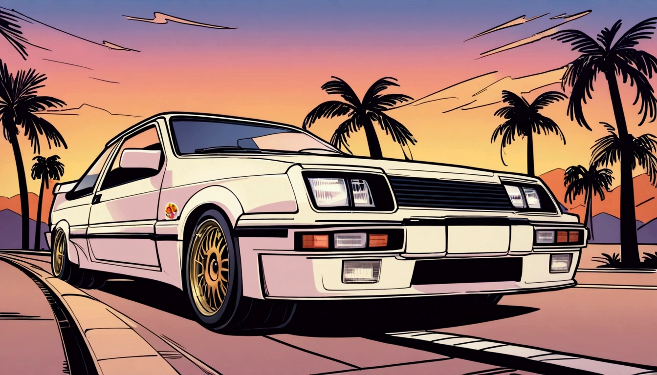 ((Sticker design)), Ford Sierra RS Cosworth(1985), Sunset background, Palm tree, Layers with 5 colors, Corner Street, Belek's Drums, Plethean,