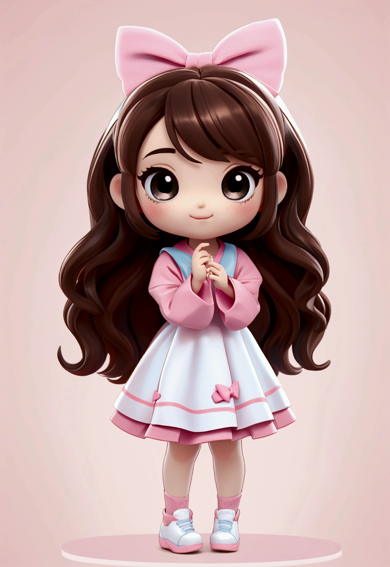 chibi baby 8k, highly detailed, beautiful girl, baby, chibi, , cover art, blue hair bow, brown long hair pink sleeve dress, white background,white shoes, balancing, optimistic, brown hair, brown hair,
