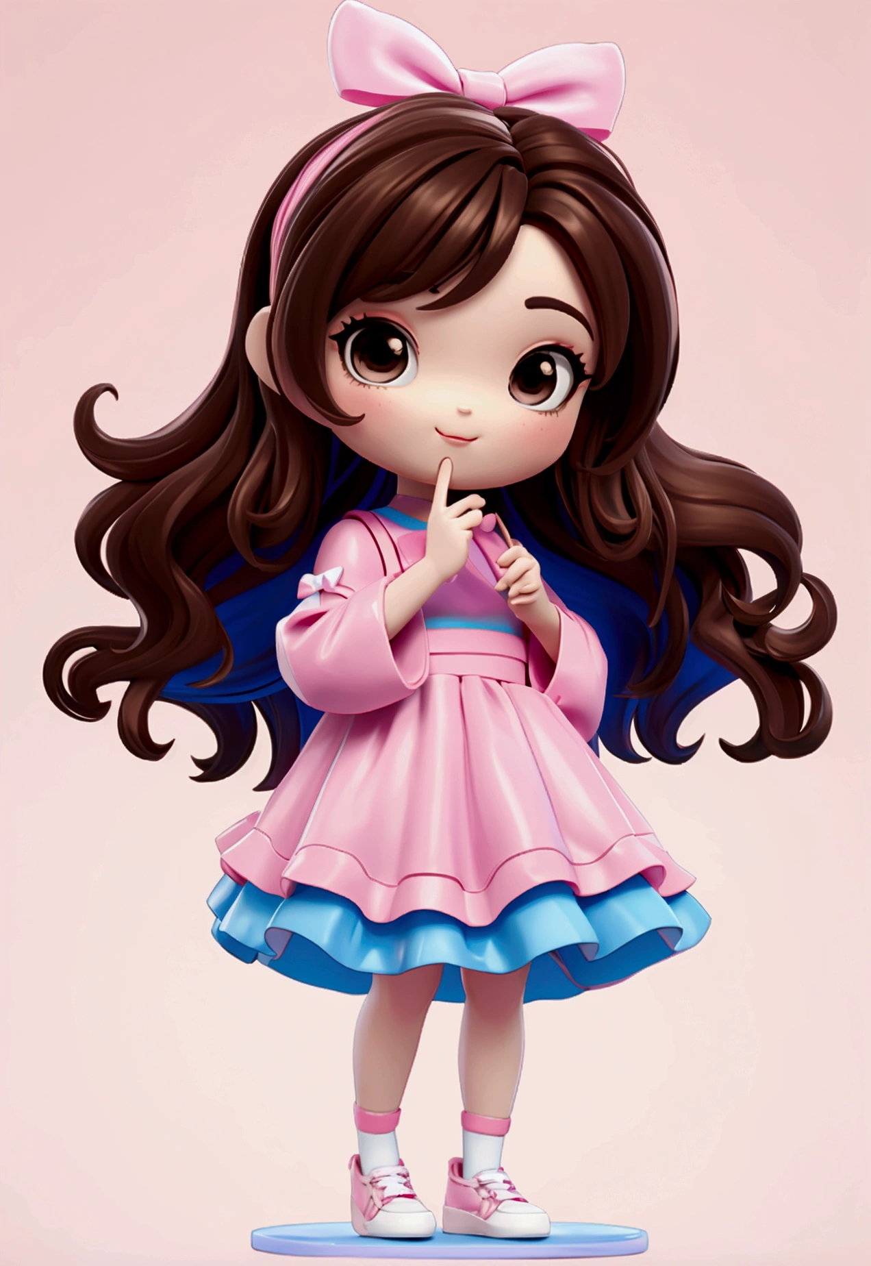 chibi baby 8k, highly detailed, beautiful girl, baby, chibi, , cover art, blue hair bow, brown long hair pink sleeve dress, white background,white shoes, balancing, optimistic, brown hair, brown hair,
