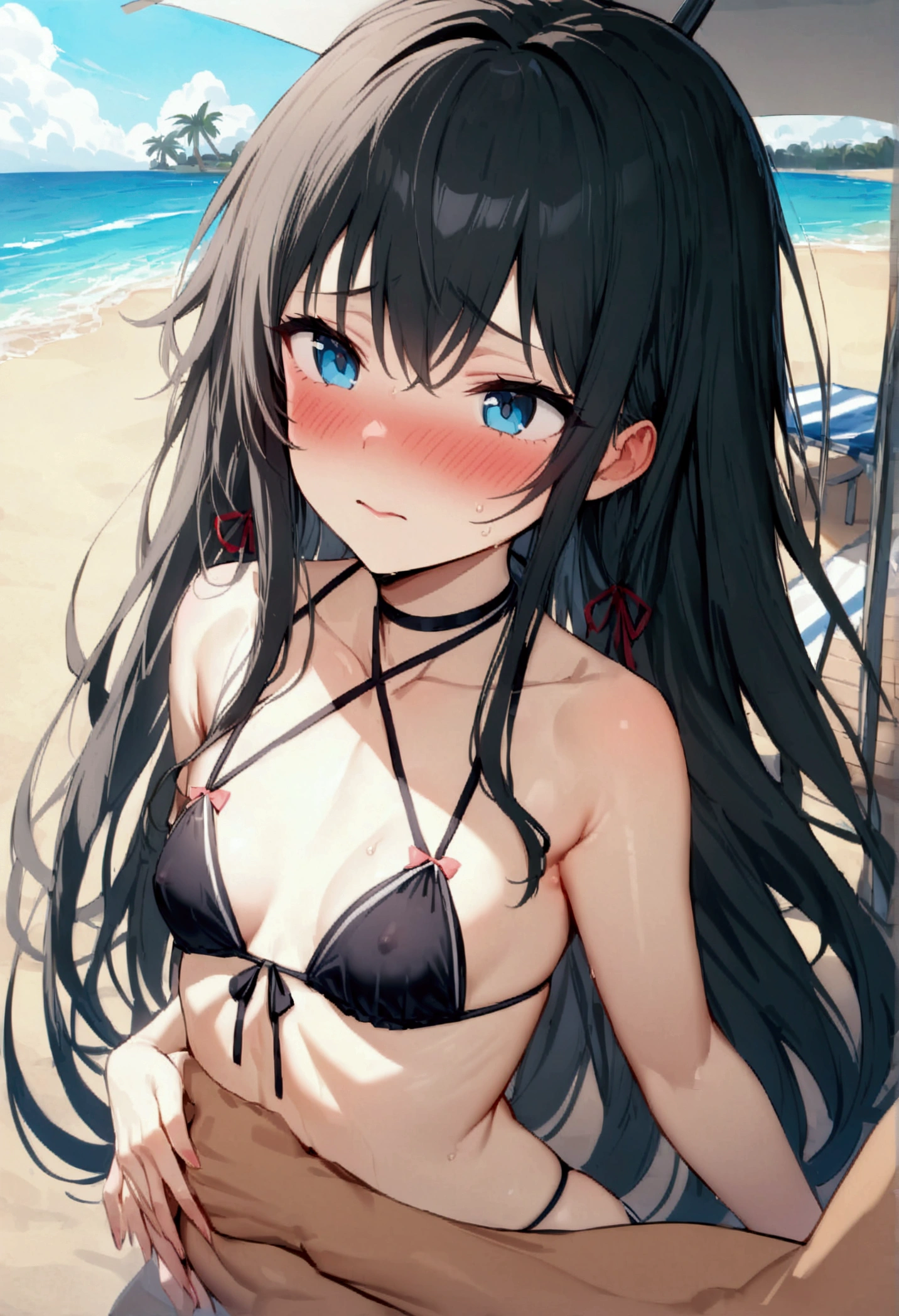 NSFW,masterpiece,Highest quality,High resolution,Super detailed,Yukinoshita Yukino\(My Youth Romantic Comedy is Wrong as Expected\),Black Hair,Long Hair,Light blue eyes,High quality sexy bikini,Halter neck,Small breasts,Embarrassed,blush,beach,Palm tree,Beach parasol,Beach House,(cheerful man),Pick up a girl,A man puts his hands on her waist and hugs her