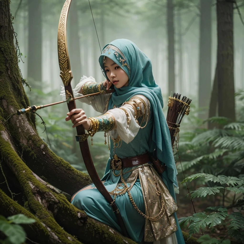 fantasy, high quality, 4K, a korean female archer with hijab in a pale green fog in a dense forest leaning her knee on a tree trunk, among the branches of a tree, blue with full golden ornament clothes , many bracelets, aims with a bow