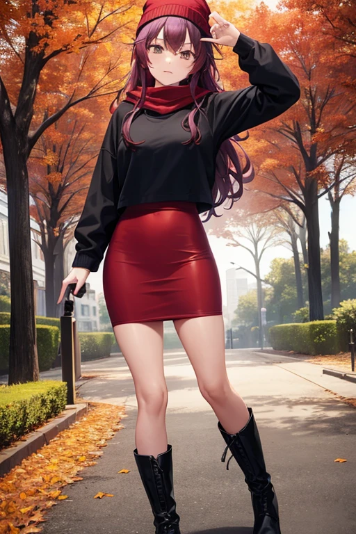 best quality, beautiful woman looking at viewer, red hoodie, black midi pencil skirt, beanie, leather boots, red scarf, full body, medium purple hair, wavy hair, garden, fall evening, tree, leaves, park