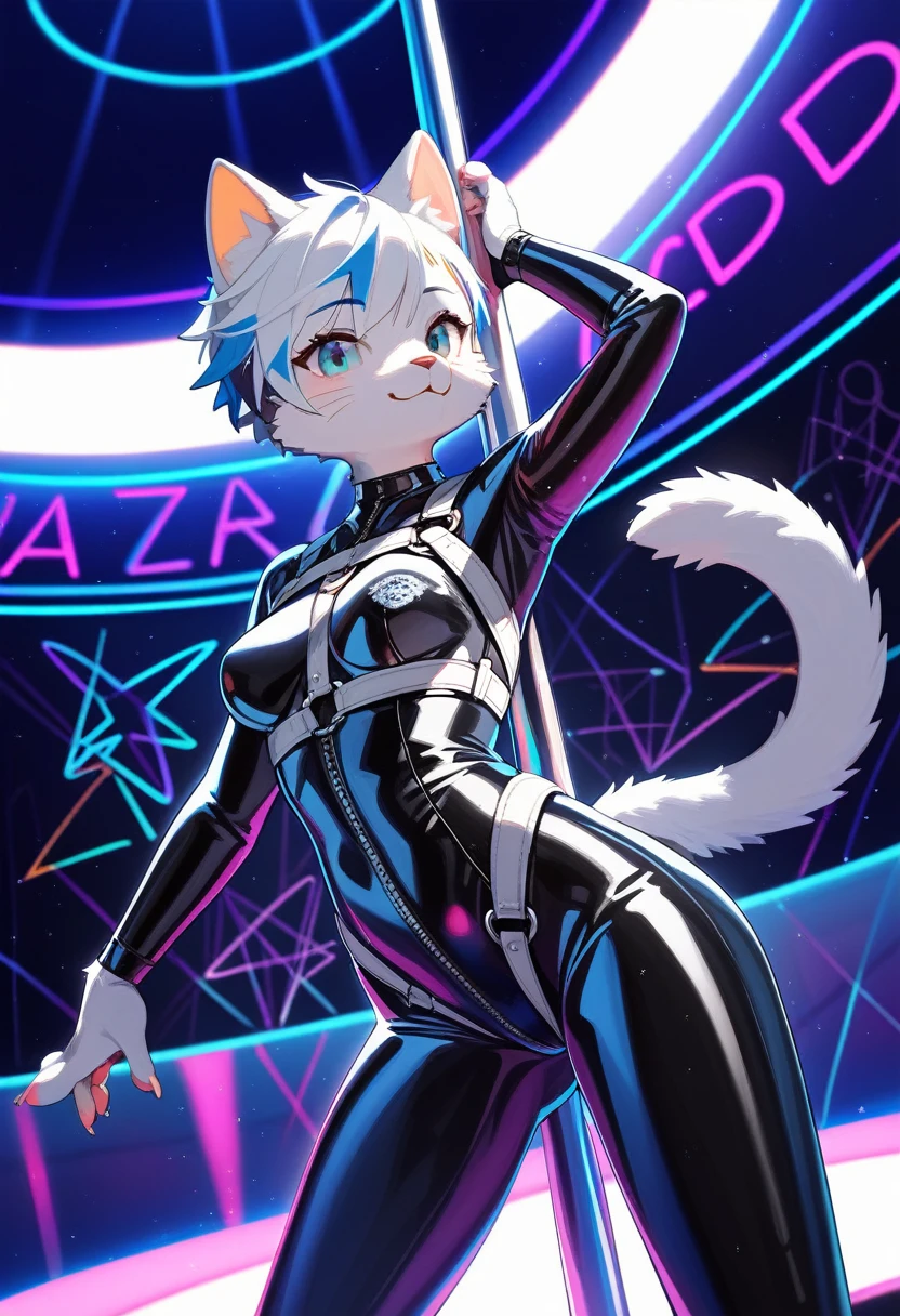 animation, Highest quality, Highest quality, High quality illustrations, masterpiece, Ultra-high resolution, Detailed Background, Disco, Graffiti art on the wall, Absurd, Perfect Anatomy, performance, Good lighting, Shadows in the movies(kemono, Furry PersonifiCation), Cat, Blueskin, White Rubber Suit, latex, neon, neonライト, neonカラー, Bodysuits, Cyber Suit, Harness, cyber punk, pole dance