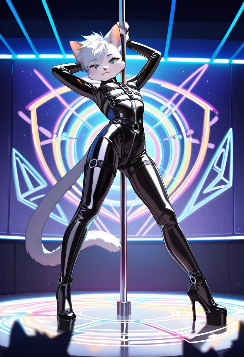 animation, Highest quality, Highest quality, High quality illustrations, masterpiece, Ultra-high resolution, Detailed Background, Disco, Graffiti art on the wall, Absurd, Perfect Anatomy, performance, Good lighting, Shadows in the movies(kemono, Furry PersonifiCation), Cat, Blueskin, White Rubber Suit, latex, neon, neonライト, neonカラー, Bodysuits, Cyber Suit, Harness, cyber punk, pole dance