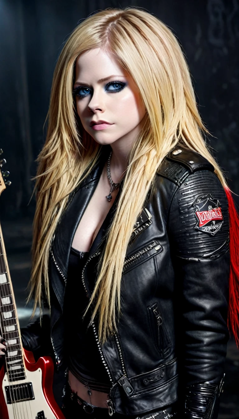 a beautiful detailed portrait of avril lavigne, a female rockstar, with piercing blue eyes, full red lips, pale skin, long blonde hair, wearing a black leather jacket, ripped jeans, and holding an electric guitar, dramatic lighting, moody color tones, grungy, edgy, photorealistic, 8k, (best quality,4k,8k,highres,masterpiece:1.2),ultra-detailed,(realistic,photorealistic,photo-realistic:1.37)