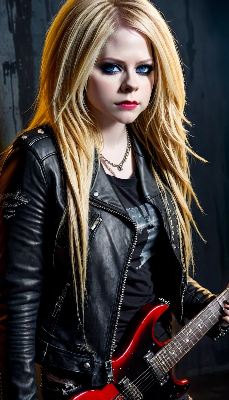 a beautiful detailed portrait of avril lavigne, a female rockstar, with piercing blue eyes, full red lips, pale skin, long blonde hair, wearing a black leather jacket, ripped jeans, and holding an electric guitar, dramatic lighting, moody color tones, grungy, edgy, photorealistic, 8k, (best quality,4k,8k,highres,masterpiece:1.2),ultra-detailed,(realistic,photorealistic,photo-realistic:1.37)