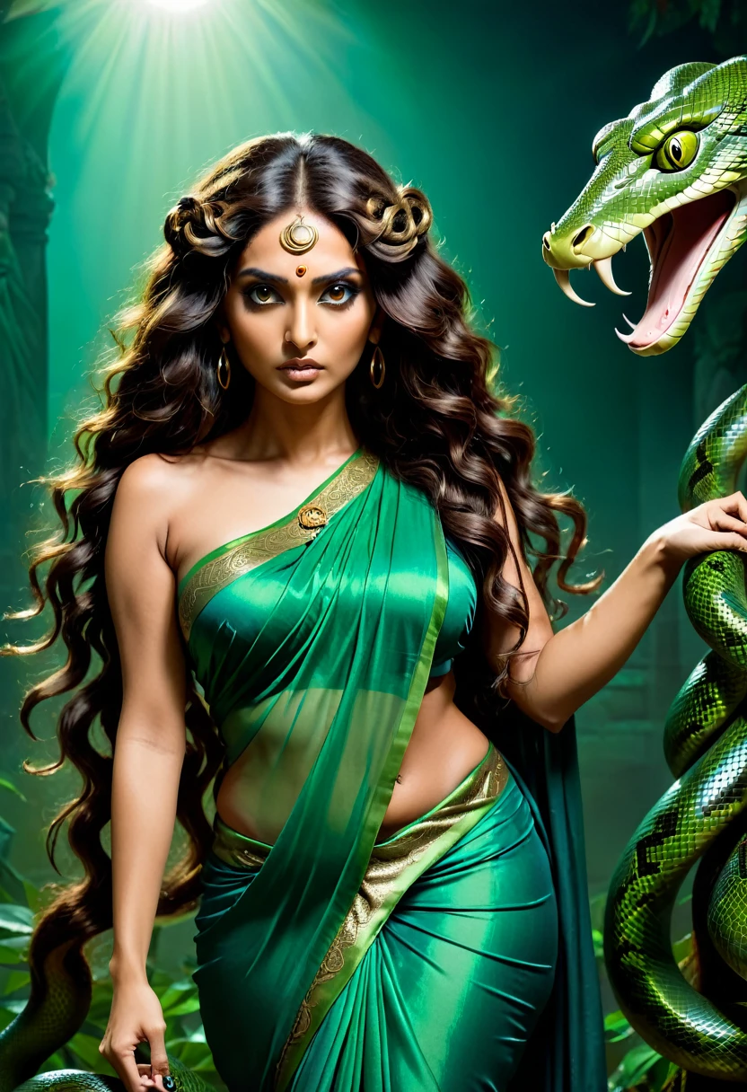 (dark night scary atmosphere) (low light) (scary face) indian brunette woman in a green saree with a snake head, brunette body, beautiful female gorgon, young woman as medusa, fierce medusa, beautiful woman, goddess of greek mythology, female medusa long hair, earth goddess mythology, cinematic goddess body shot, night blue ambience, long flowing medusa hair, medusa