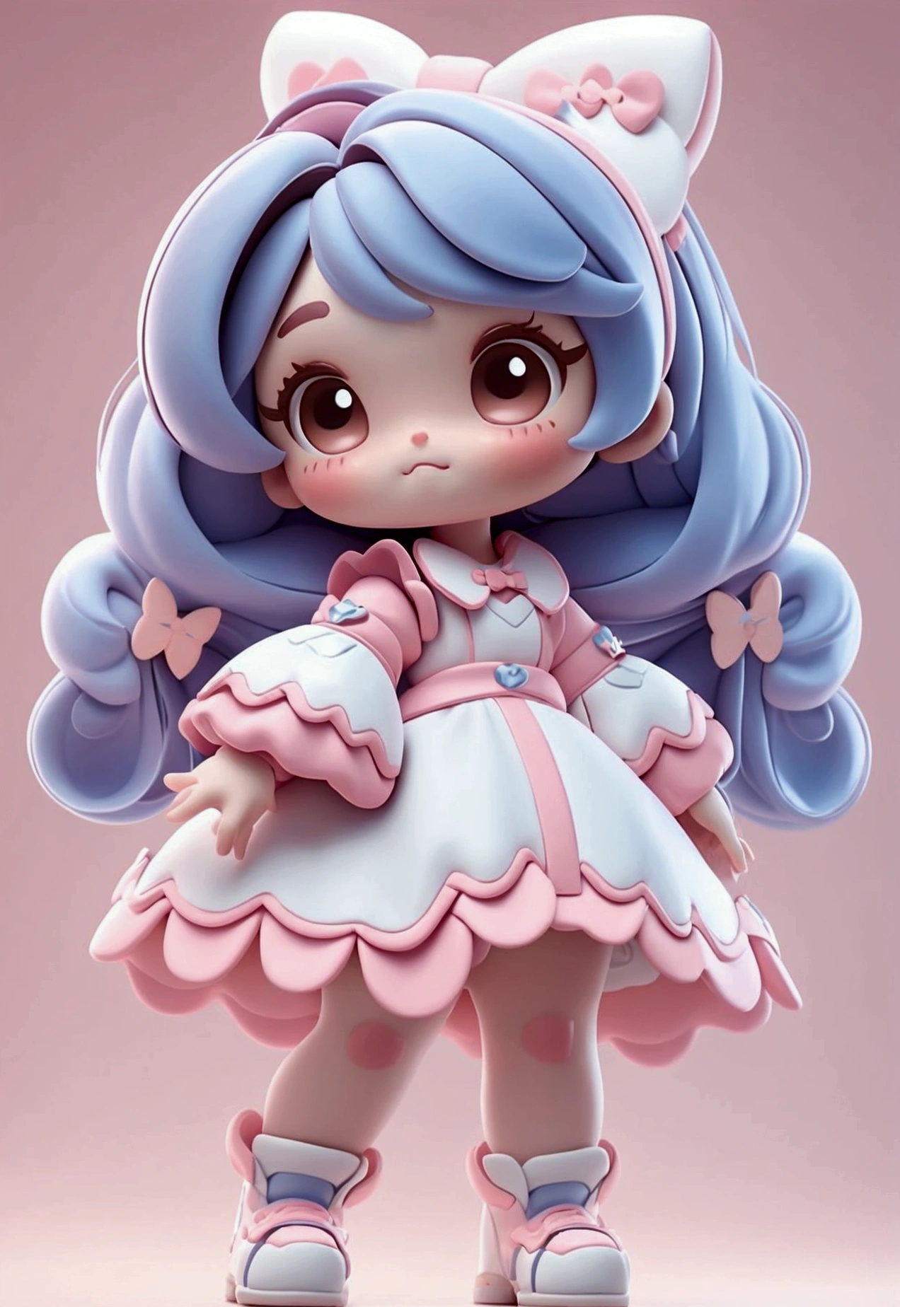 chibi baby 8k, highly detailed, beautiful girl, baby, chibi, , cover art, blue hair bow, brown long hair pink sleeve dress, white background,white shoes, balancing, optimistic, brown hair, brown hair,