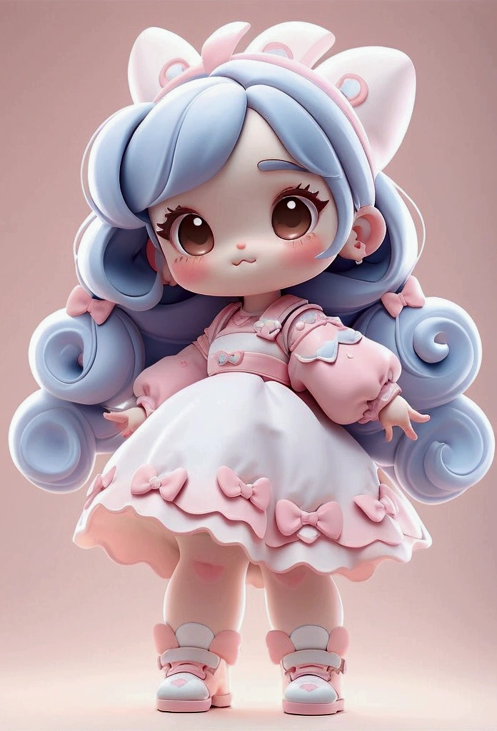 chibi baby 8k, highly detailed, beautiful girl, baby, chibi, , cover art, blue hair bow, brown long hair pink sleeve dress, white background,white shoes, balancing, optimistic, brown hair, brown hair,