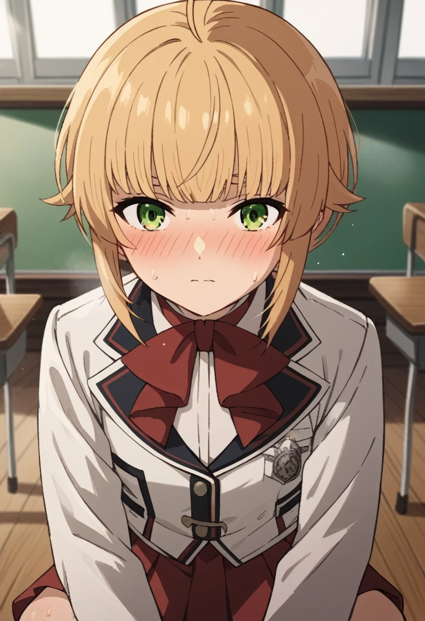 NSFW，POV，looking at viewer，
norngreyrat, norn greyrat, bangs, blonde hair, green eyes, ahoge,
long sleeves, bow，jacket, bowtie, red bow, skirt, red skirt, white jacket,
indoors, classroom, (embrassing,blush:1.2),(vapor:0.8),(Wet:0.8),(Sweat:0.8)，squatting