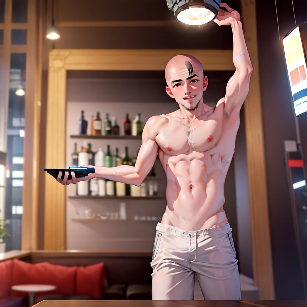 best_quality, masterpiece, highres, solo, cowboy_shot, arcology, futuristic, future_urban, indoors, bar, pub, 1boy, man, male, bald, frog face, dark_eyes, pelvic curtain, sleeveless, bare_shoulders, bare_neck, bare_arms, bare_legs, bare_chest, light_smile, looking_at_viewer,