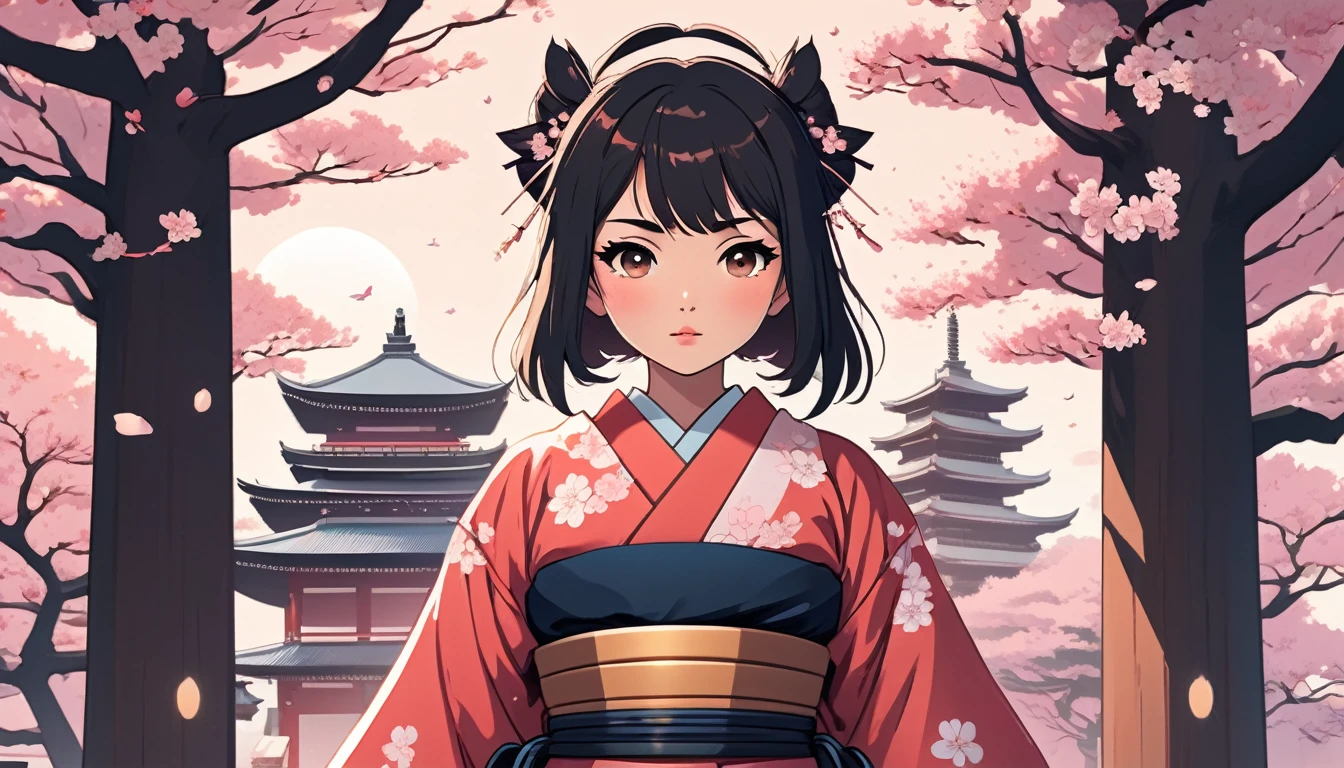 Female samurai,Background is cherry blossoms and a Japanese temple、 Wide-angle lens, Lofi Anime, Lofi illustration, Aesthetic atmosphere, Lo-Fi Style, Vector art, Flat Design, Simple shape, Warm tones, Pleasant atmosphere, Chill, In anime style, Digital drawing, Vector art, Vector logo for t-shirt printing, (Adorable:1.5), (small:1.4), (Playful:1.2), (soft:1.3), (Whimsical:1.1), masterpiece, Highest quality, 8K, Intricate details, grow, Celestial, Mysterious, Picturesque, amazing, Majestic, Magic, Fantasy art, Cover art, dream-like