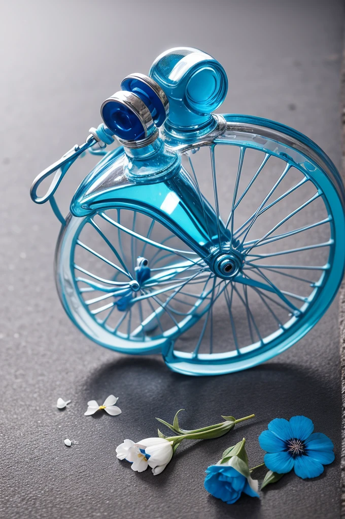 Blue bicycle-shaped perfume bottle with flowers broken on the floor