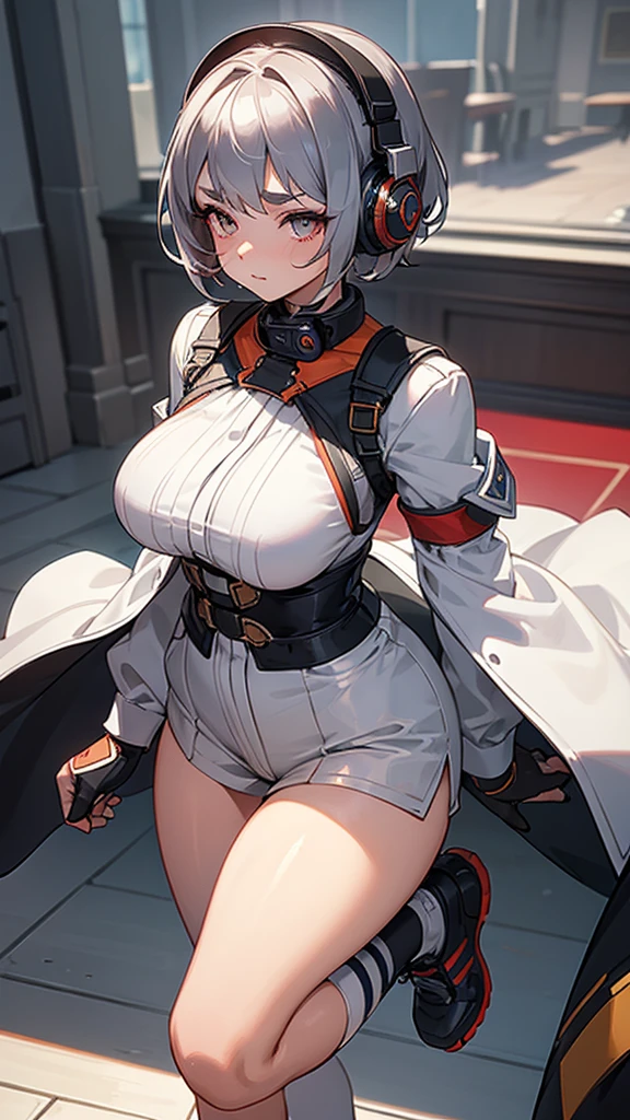 Headphones, red cheeks, detailed details (face, eyes, eyebrows, eyelashes) official art, masterpiece, highest quality, portrait photo of one girl, -yeld gi wearing a fighter girl(silver color, metallic, ) 8k, colorful, semishort hair, high resolution, ( butt:1.2)(headphones:1.2), (excellent rendering, stands out in its class), (great detail, good lighting, wide angle), breasts (0.5), plump thighs, absolute area, detailed background, marobrows,