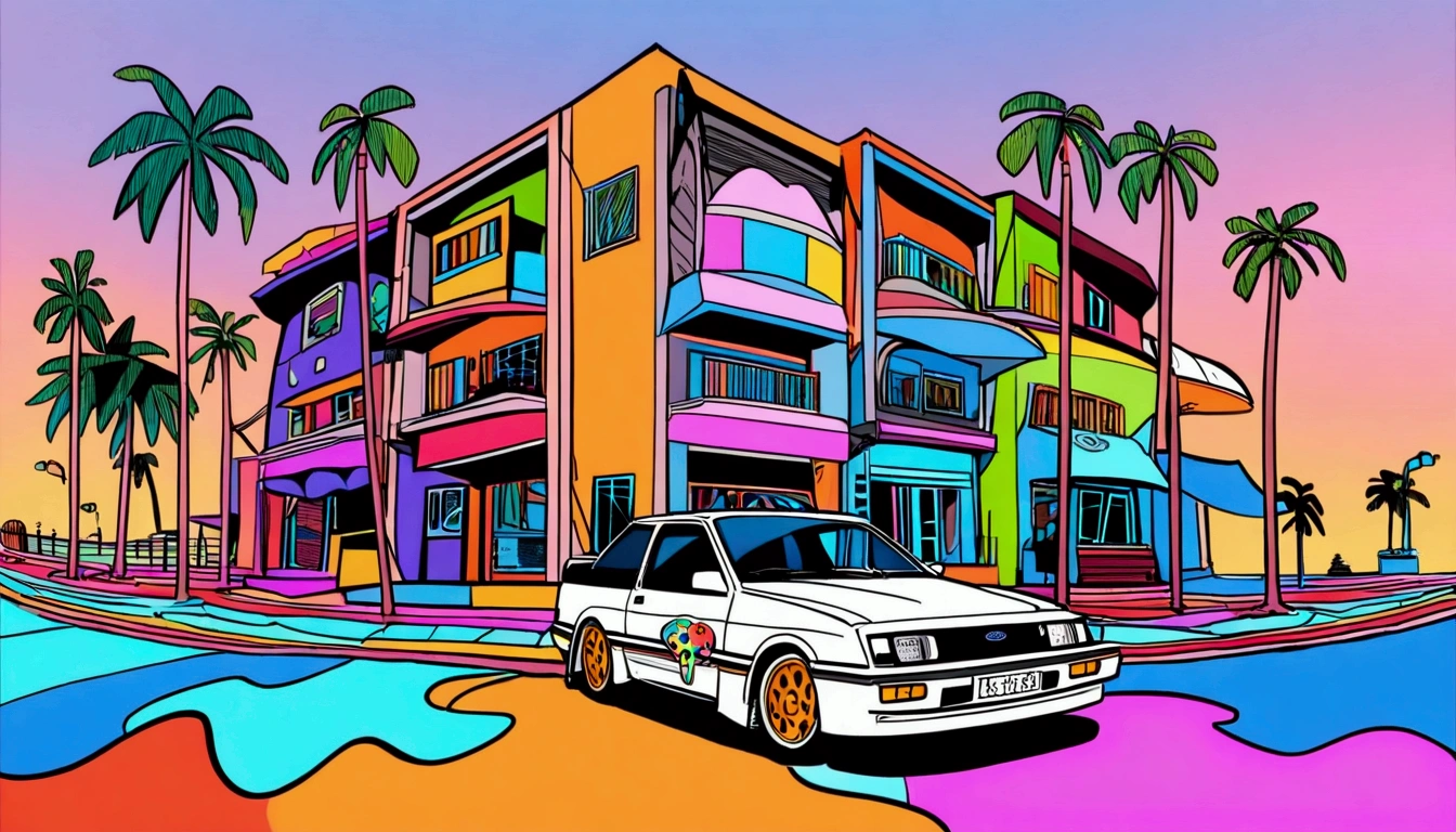 ((Sticker design)), Ford Sierra RS Cosworth(1985), Sunset background, Palm tree, Layers with 5 colors, Corner Street, Belek&#39;s Drums, Plethean, 