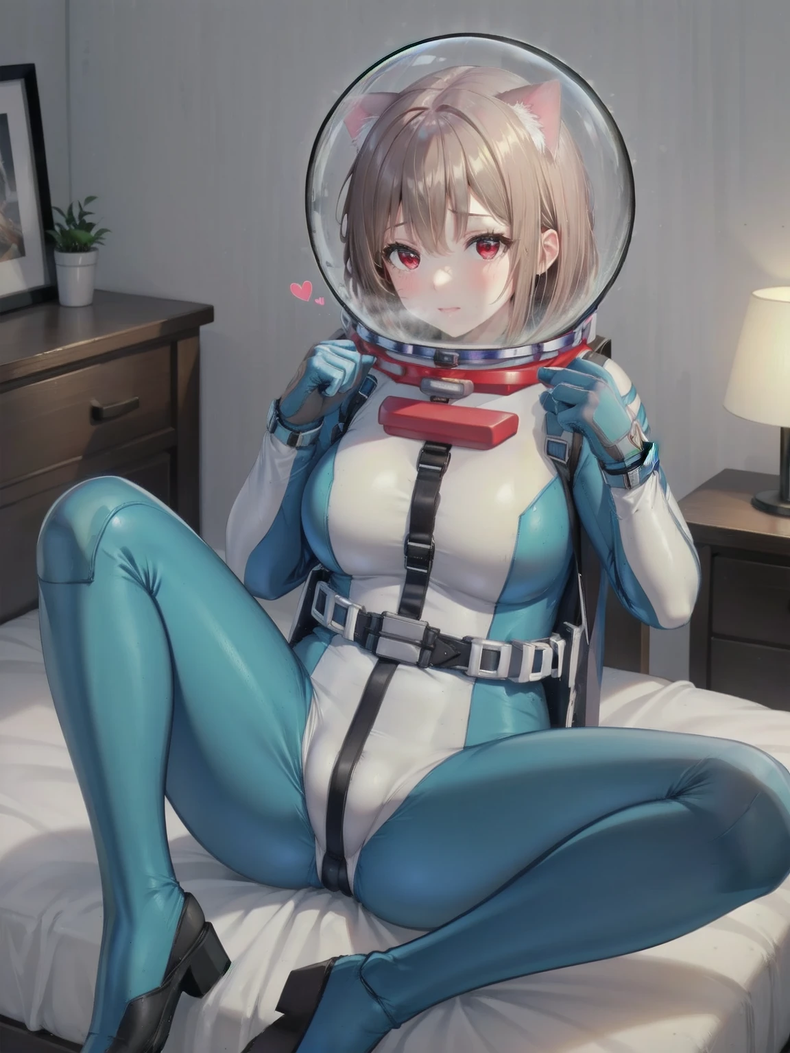 whb, large breasts, white hair, blue eyes, female focus, full body,  sweat, trembling,space suit, space helmet, bubble helmet, (room:1.7), bondage