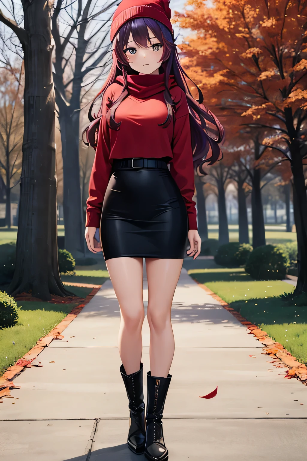 best quality, beautiful woman looking at viewer, red hoodie, black midi pencil skirt, beanie, leather boots, red scarf, full body, medium purple hair, wavy hair, garden, fall evening, tree, leaves, park