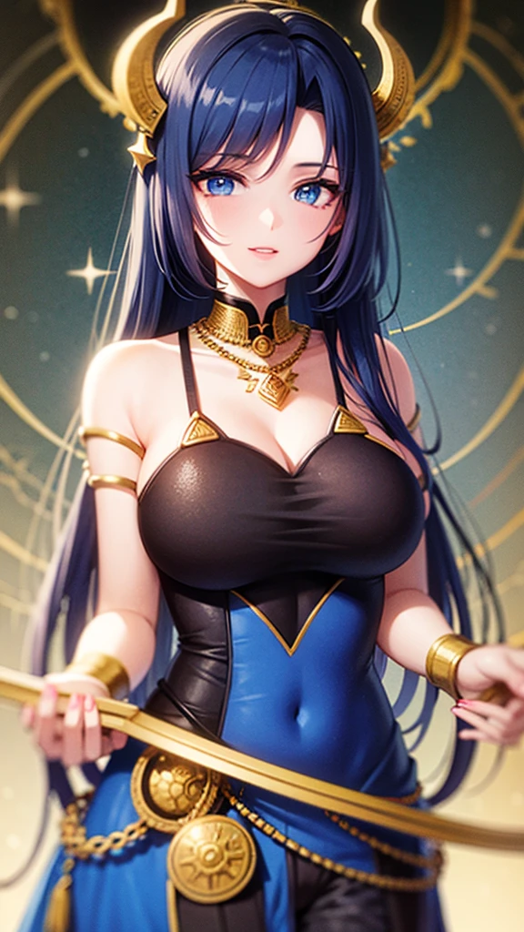 ( high quality , Super detailed, careful hand )Zodiac Signs - Sagittarius Goddess , Similar to Latin goodness . optimistic, fair, Interesting and intellectual face . reckless, ruthless, impatient, overconfident style . Deep blue eyes (Eye details) , Dark blue hair with bling bling , Sheer dress , in the ocean of stars , whole body , Fire makeup look , Chiron