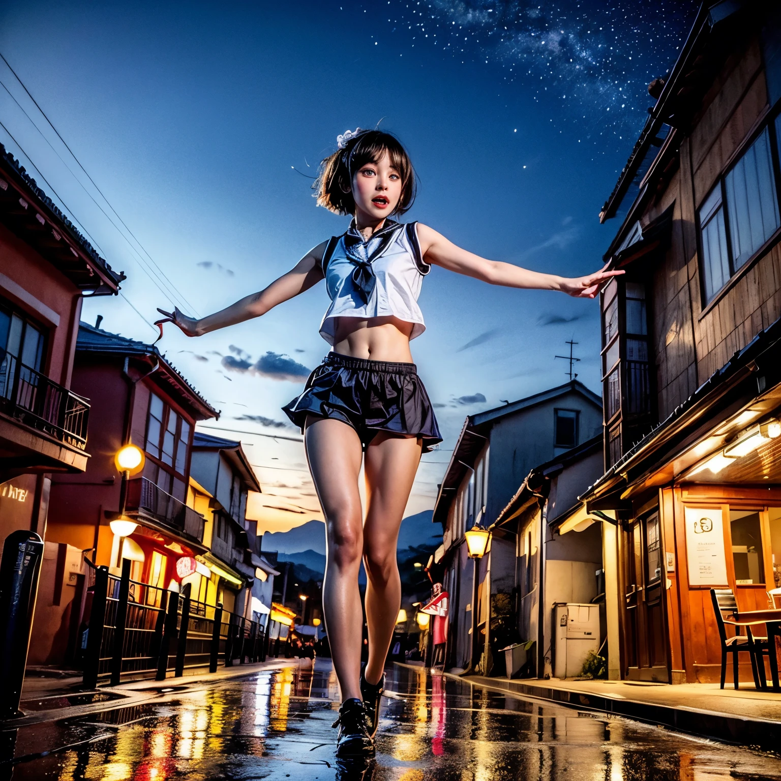 ManoErina, Masterpiece of ProfessionalPhoto ((ExtremelyDetailed (12 PICHIPICHI KAWAII Girls Floating in The Air in a row:1.37) in WHITE at Dusk Enoshima Beach)), {(Standing Full Body:1.2)|(from below:1.2)}, Different types of hair colors, {(skinny(SchoolSwimwear))|(SchoolUniform)with Tiny AthleticShorts}, {Detailed Childish hand|Hidden hand|Armpit|Different types of breasts of various sizes from HUGE to FLAT|(Clearly Visible the shape of Butt)}, Joyful Expressions LifeLike Rendering, PerfectLighting, (Dazzling Horizon Visible through ThighGap), (Starry IridescentParticles:1.22) ColorfulClouds