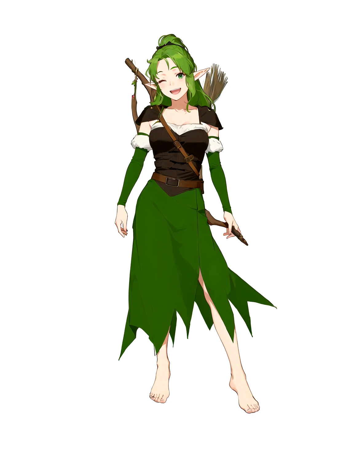 Anime, 1girl, 1woman, there is a woman dressed in a green dress with a bow and arrow, female forest archer, wood elf, (((mad))) elf princess, forest hunter lady, female elfling, female earth mage, female elf, beautiful wood elf, half elf woman, elven princess, elven warrior princess, elf princess knight, elf princess, female druid, forest dryad, (her right eye was closed, her left eye was open, she was laughing, not wearing shoes)