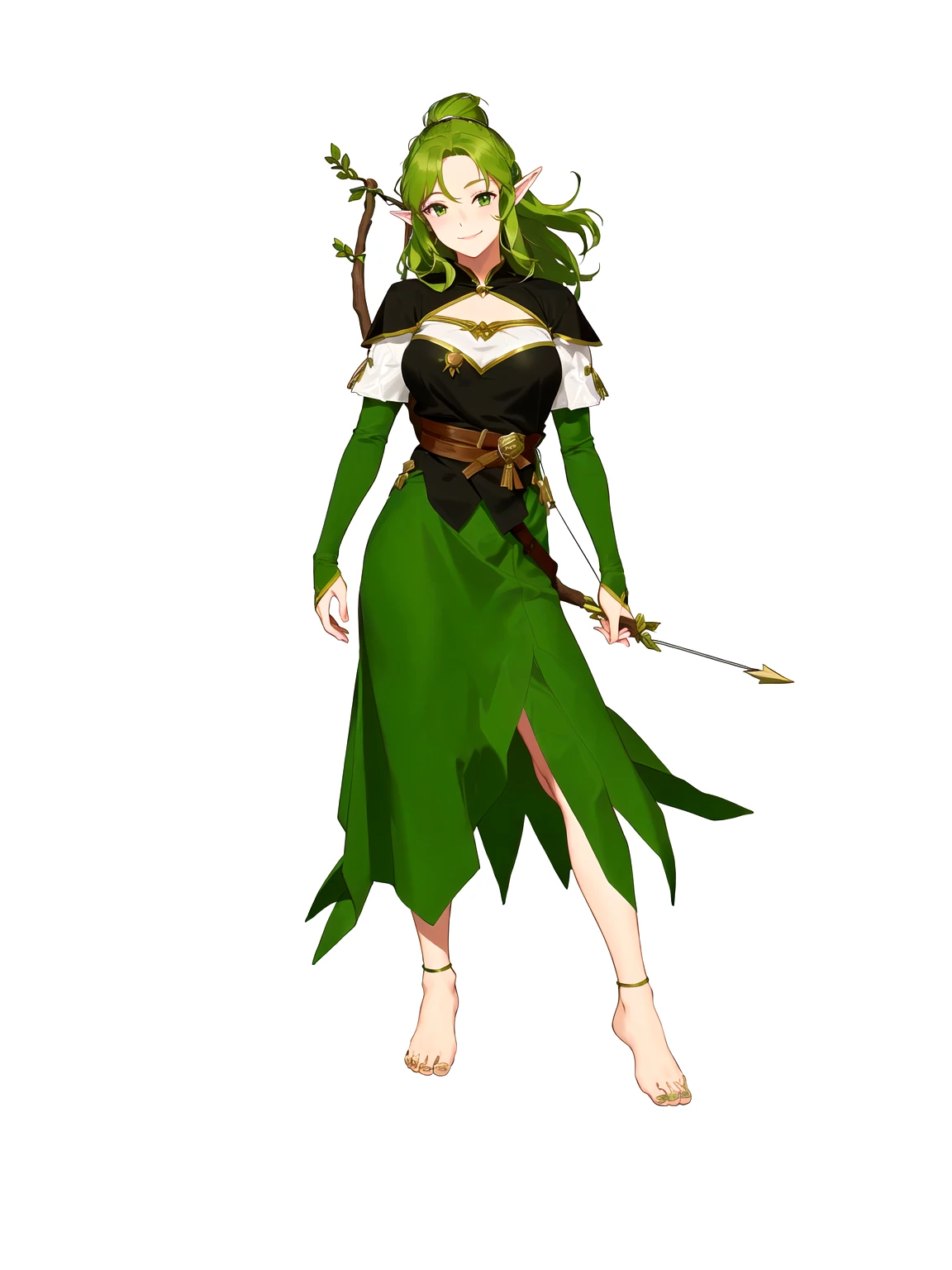 Anime, 1girl, 1woman, there is a woman dressed in a green dress with a bow and arrow, female forest archer, wood elf, (((mad))) elf princess, forest hunter lady, female elfling, female earth mage, female elf, beautiful wood elf, half elf woman, elven princess, elven warrior princess, elf princess knight, elf princess, female druid, forest dryad, (her right eye was closed, her left eye was open, she was laughing, not wearing shoes)