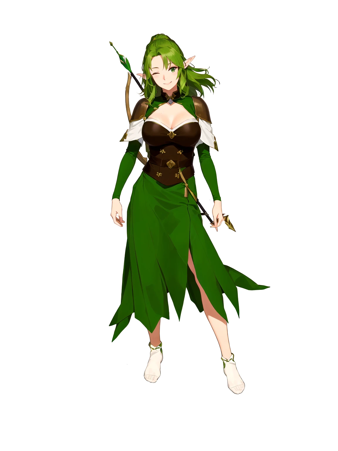 Anime, 1girl, 1woman, there is a woman dressed in a green dress with a bow and arrow, female forest archer, wood elf, (((mad))) elf princess, forest hunter lady, female elfling, female earth mage, female elf, beautiful wood elf, half elf woman, elven princess, elven warrior princess, elf princess knight, elf princess, female druid, forest dryad, (her right eye was closed, her left eye was open, she was laughing, not wearing shoes)