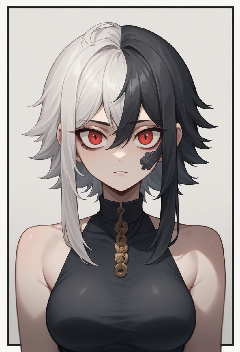 - **Hair:**
- The character has a striking head of white hair, symbolizing their unique heritage or a mysterious past.
- A noticeable patch of jet-black hair is on the left side, adding a dramatic contrast and hinting at a possible significant event or genetic anomaly.
- Their hairstyle features bangs that frame their face:
- The left bang cascades down, concealing one eye, lending them an enigmatic appearance.
- The right bang extends to the collar, emphasizing their cool, composed demeanor.
- **Eyes:**
- The hidden eye, concealed behind the left bang, is a vivid red, possibly indicating a special ability, lineage, or a traumatic experience that changed its color.
- The exposed eye is a striking blue, sharp and clear, reflecting their high intelligence and perceptive nature.