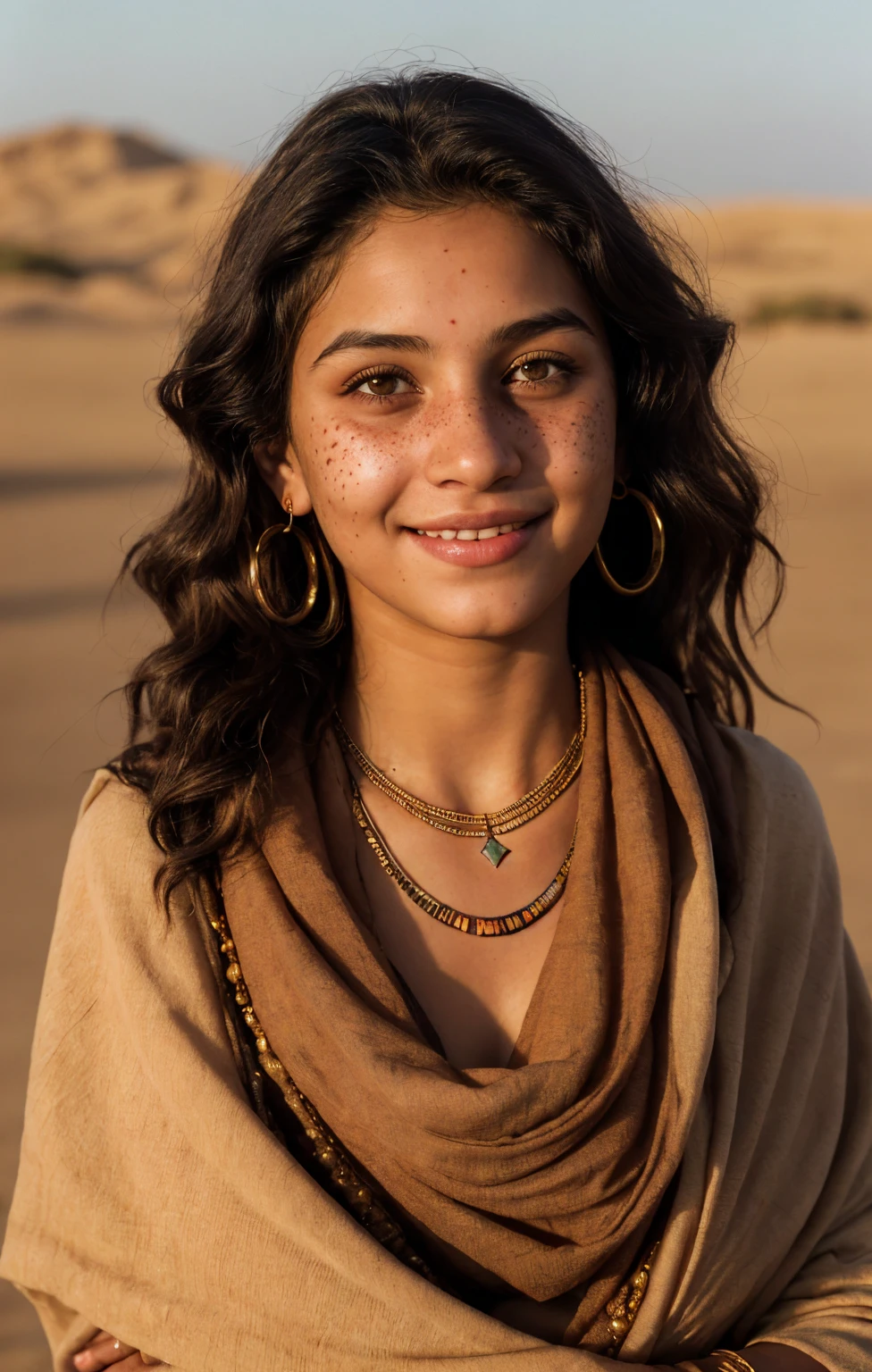 (Close-up, editorial photograph of a  woman), (highly detailed face:1.4) (smile:0.7) (background inside dark, moody, private study:1.3) POV, by lee jeffries, nikon d850, film stock photograph ,4 kodak portra 400 ,camera f1.6 lens ,rich colors, hyper realistic ,lifelike texture, dramatic lighting , cinestill 800, wavy hair, messy hair, Mischievous smirk, Black hair, freckles, Brown Eyes, jewels, necklace, Arabic Cloak, Arabic Scarf, Astral Plane, Black Round Sunglasses, Sun, Sand, Desert, Arabian expressions, Egyptian woman, Arabian skin, Golden Aura, shadow queen