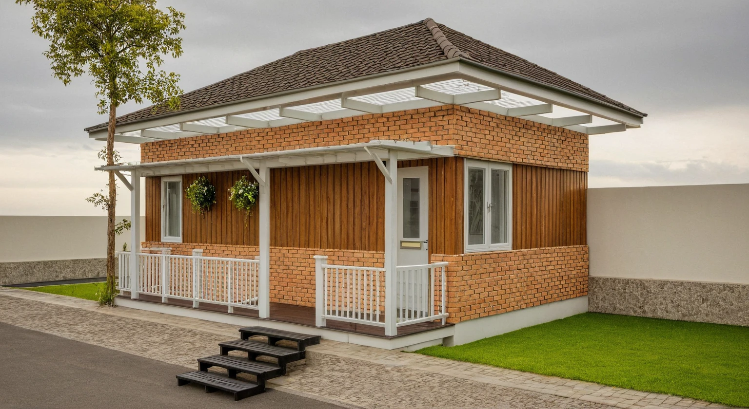 a homestay house, exterior, outdoors, glass railing, garden, car, Some tiled walls, brick wall, street, gate, wooden fences,