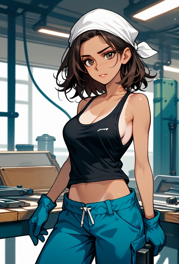 masterpiece, best quality, mature woman, mature face, messy hair, black hair, brunette gradient hair color, hot face, (tomboy face), tan skin, mature body, fit body, medium breasts, mechanic gloves, stained tank top, midriff, white bandana, mechanic pants, loose pants, workshop