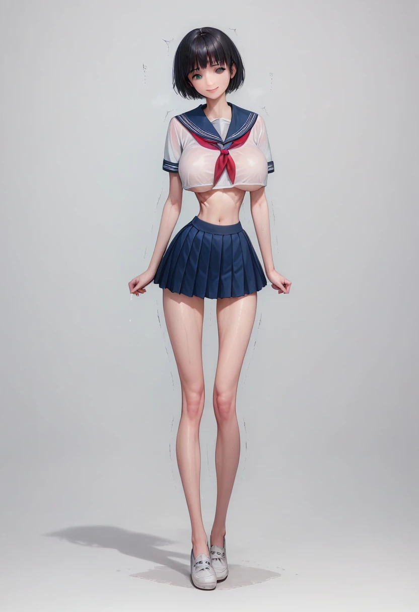 (masterpiece, best quality:1.2), Realistic photo, front shot, beautiful thin 1girl, (super big breasts, micro waist, very long legs:1.3), Black hair, short bob hair, (Extremely skinny), short height, Light Skin, cute big eyes, Small Mouth, cute beautiful thin face, forced smile, serafuku, mini skirt, Arched back, pigeon-toed, Embarrassing pose, Long and thin navel, (beautiful visible ribs), wet and sweaty, Trembling