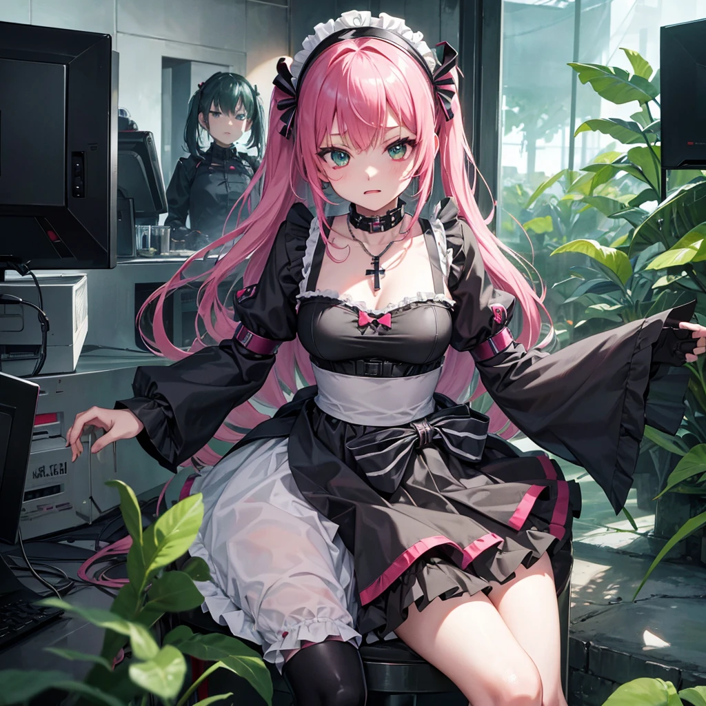 Maid clothes、 ww2,cyber punk、Soldier Woman(Cross Necklace cyber punk Gothic Lolita Swimwear),vampire、Tavern、?????? expression(tropical、トレイにtropicalジュースを載せている)Multiple monitors behind(anime)、Green light swirling