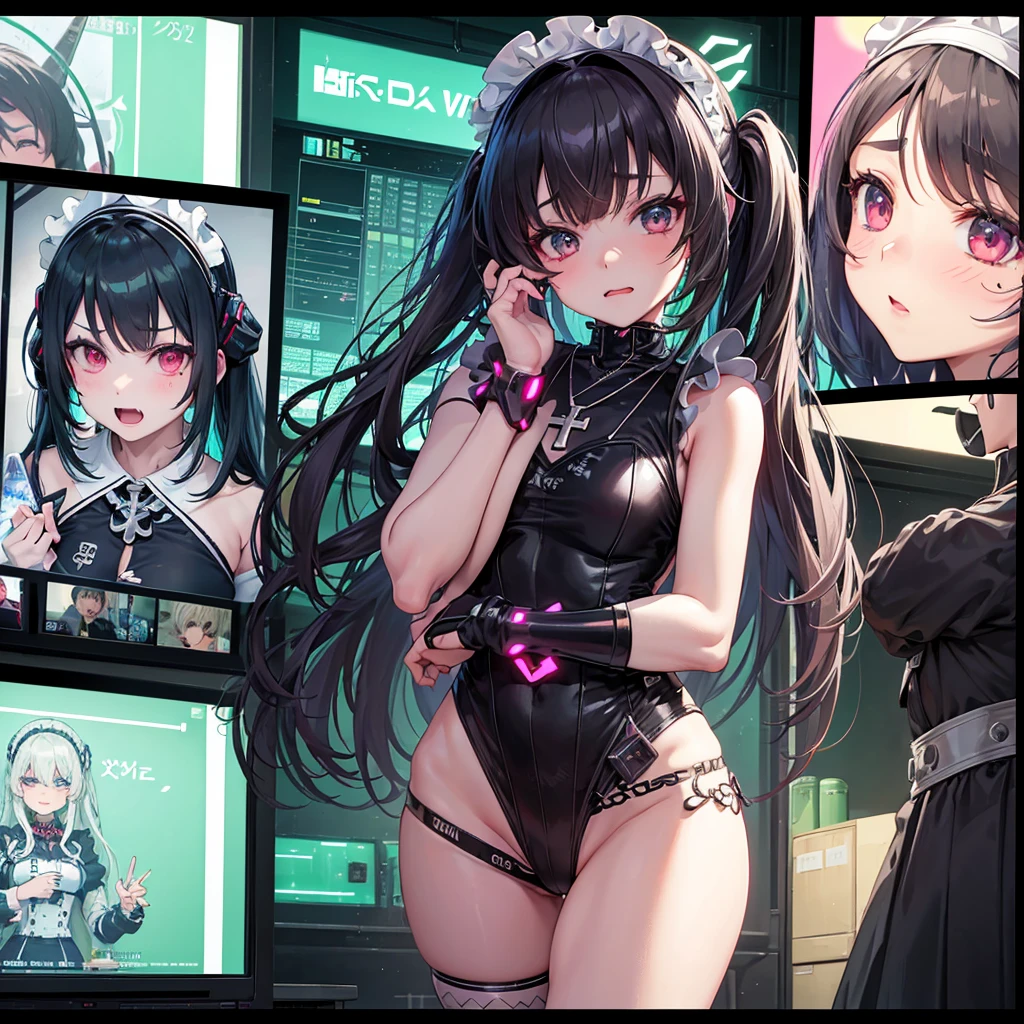 Maid clothes、 ww2，cyber punk、Soldier Woman（Cross Necklace　cyber punk　Gothic Lolita　Swimwear）,vampire、Tavern、Climax expression（tropical、トレイにtropicalジュースを載せている）Multiple monitors behind（anime）、Green light swirling