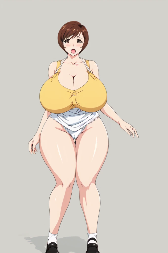 masterpiece, highest quality, High resolution, One girl, solo, intercographic imaghort hair, etsukoto, brown Eyes, fine grain, fine grain, (((Thick thighs, Plump thighs, Voluptuous thighs, Thighs alone are enough))), Huge and ample breasts, Cleavage, bigreasts, Nig,((big breasts artant))、((Naughty thighs(thin:1.4),(Tight waist:1.4), (yellow dress:1.4), ((white waist apron)), anguish, open mouth, blush, white panties, (((Simple Background))), ((Wide Hips)), Shinyskin, Mature mother, Calf, Seductive mature woman, milf, Perfect bods Size Model, curvy, ample, ets blush, clavicretro artstyle, 1990s (style), (thick thighs:1.4), Bare legs,