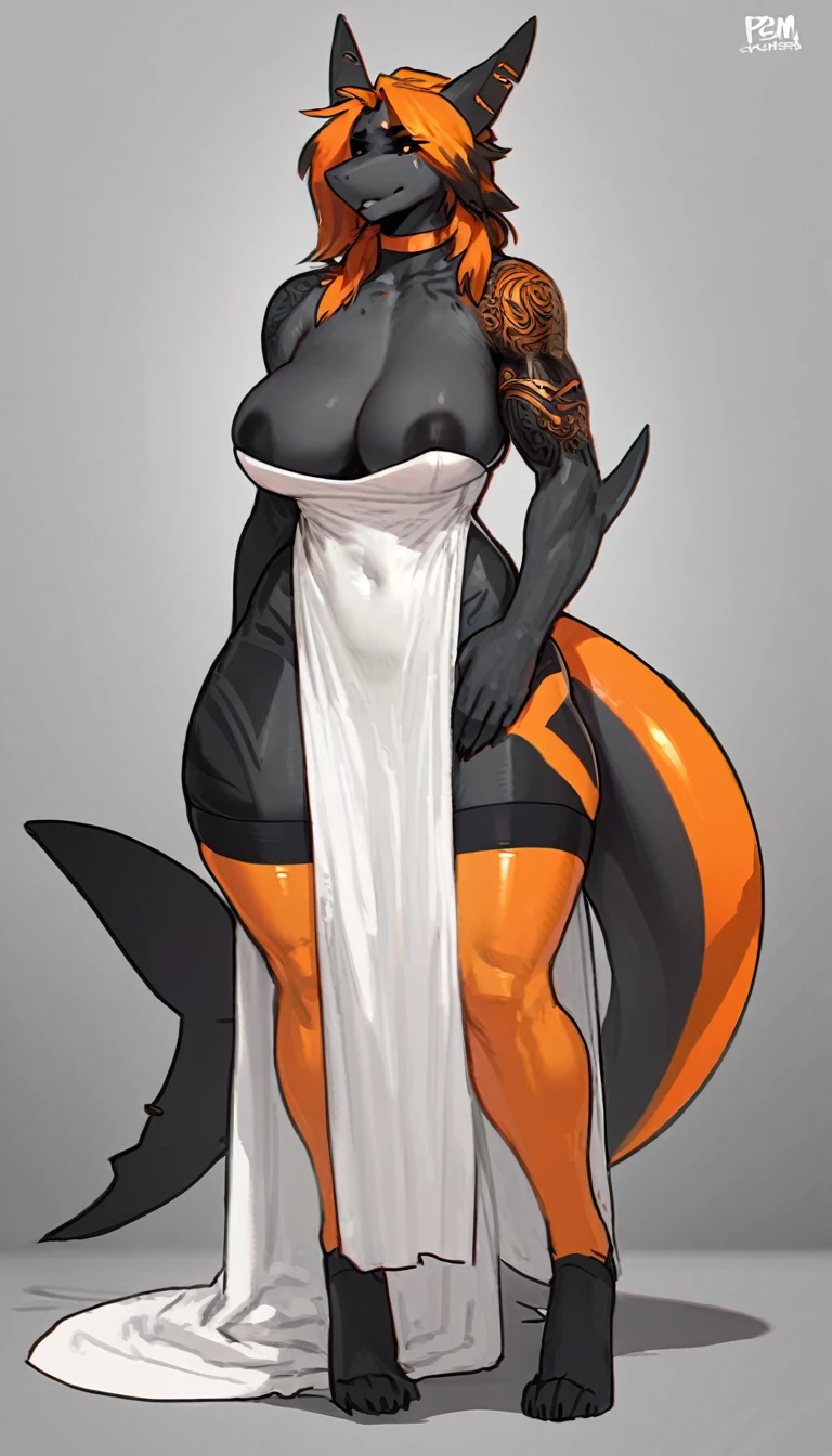 solo, black and orange shark, choker, lipstick, black sclera, machine, cyber, synthetic, artificial ,glowing details, wearing dress, epic dress, hair highlights, orange hair, sexy pose, thigh highs, motherly figure, thick hips, curvy figure, perfect anatomy, masterpiece, sexy pose, long hair, tattoos, thick thighs, wide hips , big breasts, amazing shading, full body, detailed hands, detailed eyes, detailed face, detailed arms,anthro, muscular, (detailed:1.5), great character design, character concept, earrings, by pgm, by notglacier, by SligarTheTiger, by honovy, solo, centered, character focus, masterpiece, 8k
