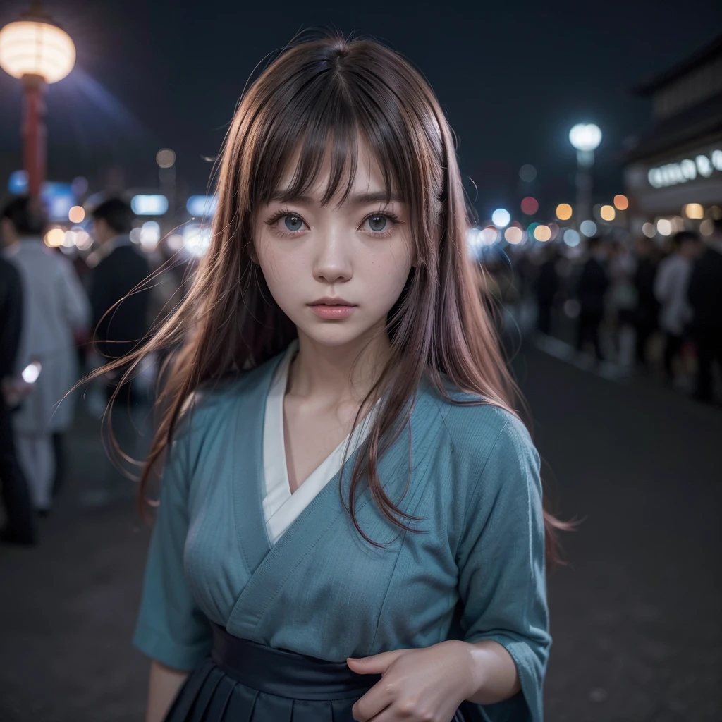 (((work of art: 1.5, best qualityer, high resolution: 1.3, super resolution, super detaill, super detaill: 1.3, rich background: 1.2))), 1 girl, standing alone, greeneyes, Long pink hair with blue ribbon, rhombus stripe, cute hair clip, schoolar uniform, White Seraphim, red sailor collar, manga curta, blue pleated skirt, (open air), ((city center), (crowd), ((Japanese Vibe: 1.3)), paisaje, ((natta)), darkness, (low light: 1.1), moonligh, (moonlighlight: 1.2), ((dynamic light: 1.4)), ((Head close-up))))))