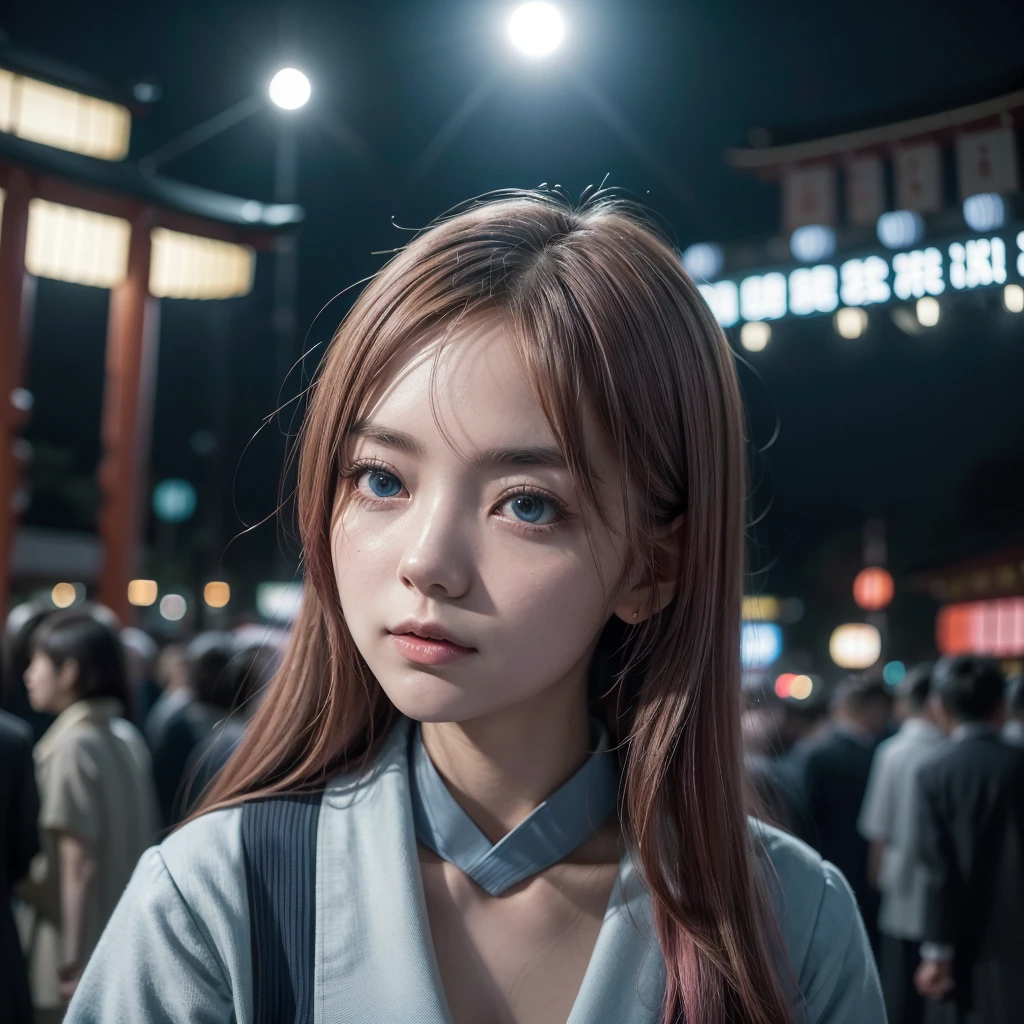 (((work of art: 1.5, best qualityer, high resolution: 1.3, super resolution, super detaill, super detaill: 1.3, rich background: 1.2))), 1 girl, standing alone, greeneyes, Long pink hair with blue ribbon, rhombus stripe, cute hair clip, schoolar uniform, White Seraphim, red sailor collar, manga curta, blue pleated skirt, (open air), ((city center), (crowd), ((Japanese Vibe: 1.3)), paisaje, ((natta)), darkness, (low light: 1.1), moonligh, (moonlighlight: 1.2), ((dynamic light: 1.4)), ((Head close-up))))))