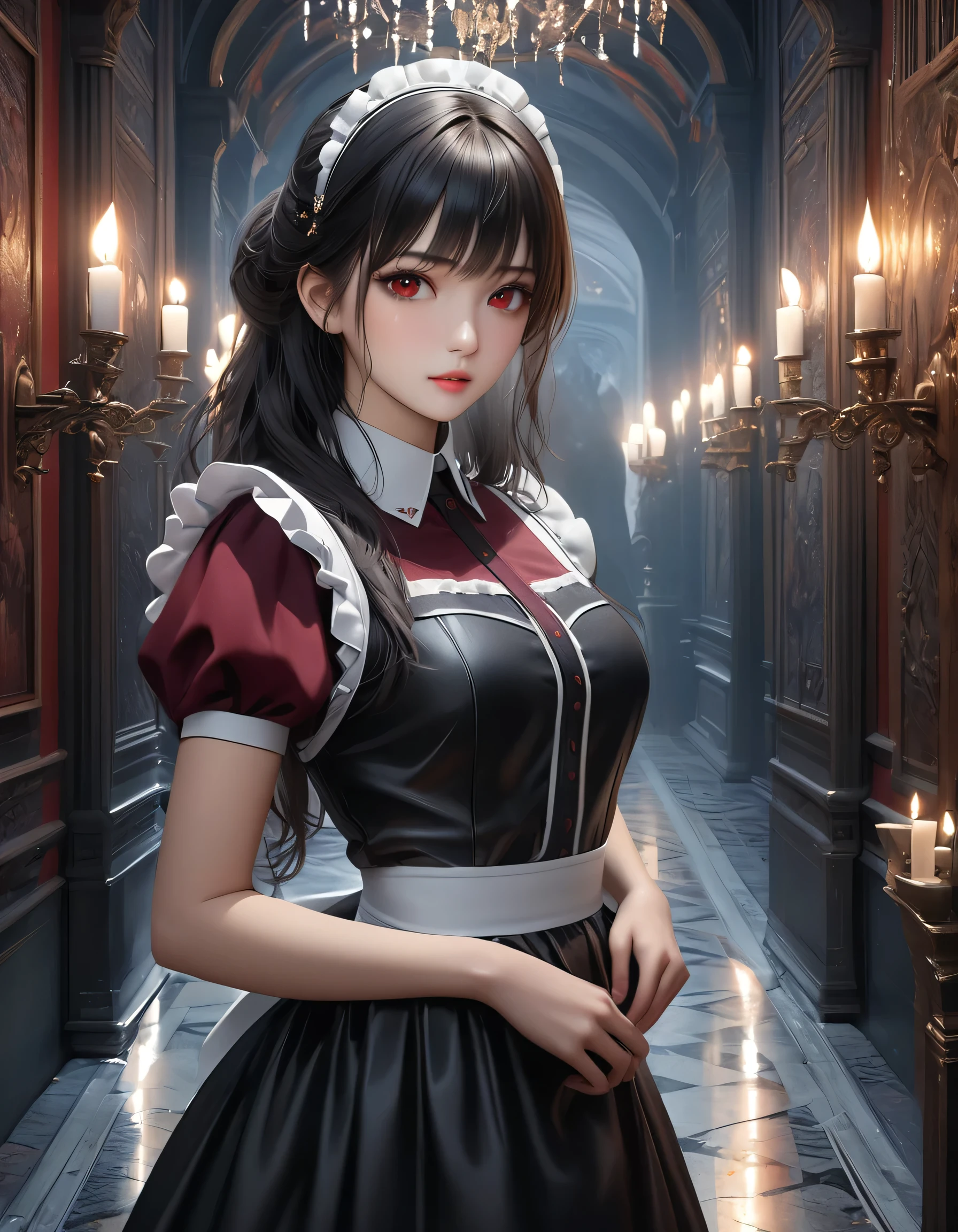 high quality, detailed, Realistic,(25 years old beautiful maid), (detailed dark red eyes), (black long hair),large beasts,(shiny skin),dark night palace corridor, candle,best quality,4k,8k,highres,masterpiece:1.2),ultra-detailed,(realistic,photorealistic,photo-realistic:1.37), looking at viewer,