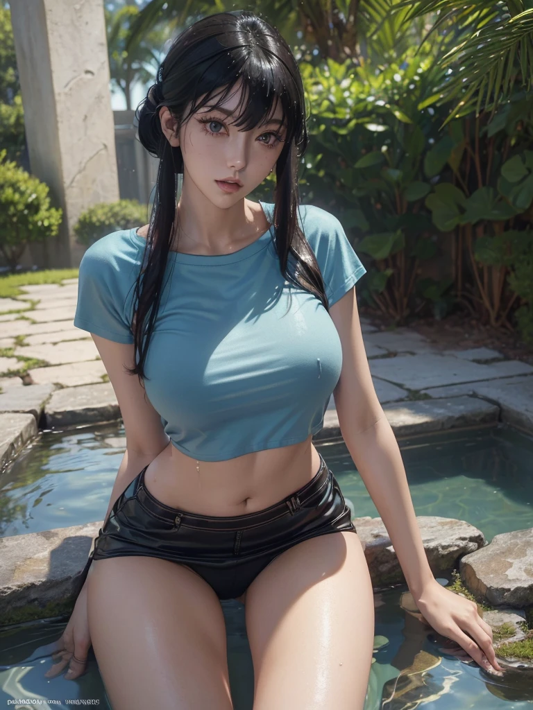 (Best quality, 8k, Masterpiece :1.3), (realistic, photorealistic: 1.37), (1girl), (slim), (Japanese), (random pose), (wet body), (long hair, random hairstyle), (outdoors), (Ultra-detailed face), (Detailed eyes), (Double eyelids), (eyeshadow intensifying), (many eyelashes), (professional lighting), (photon mapping), (radiosity), (looking directly at viewer), (full bodyesbian), (legs are open), (With a cropped T-shirt), (Slim figure), (Slim girl model), (25 years old female model), (gigantic cleavage breasts) (No bra, No top, Bare chest),
