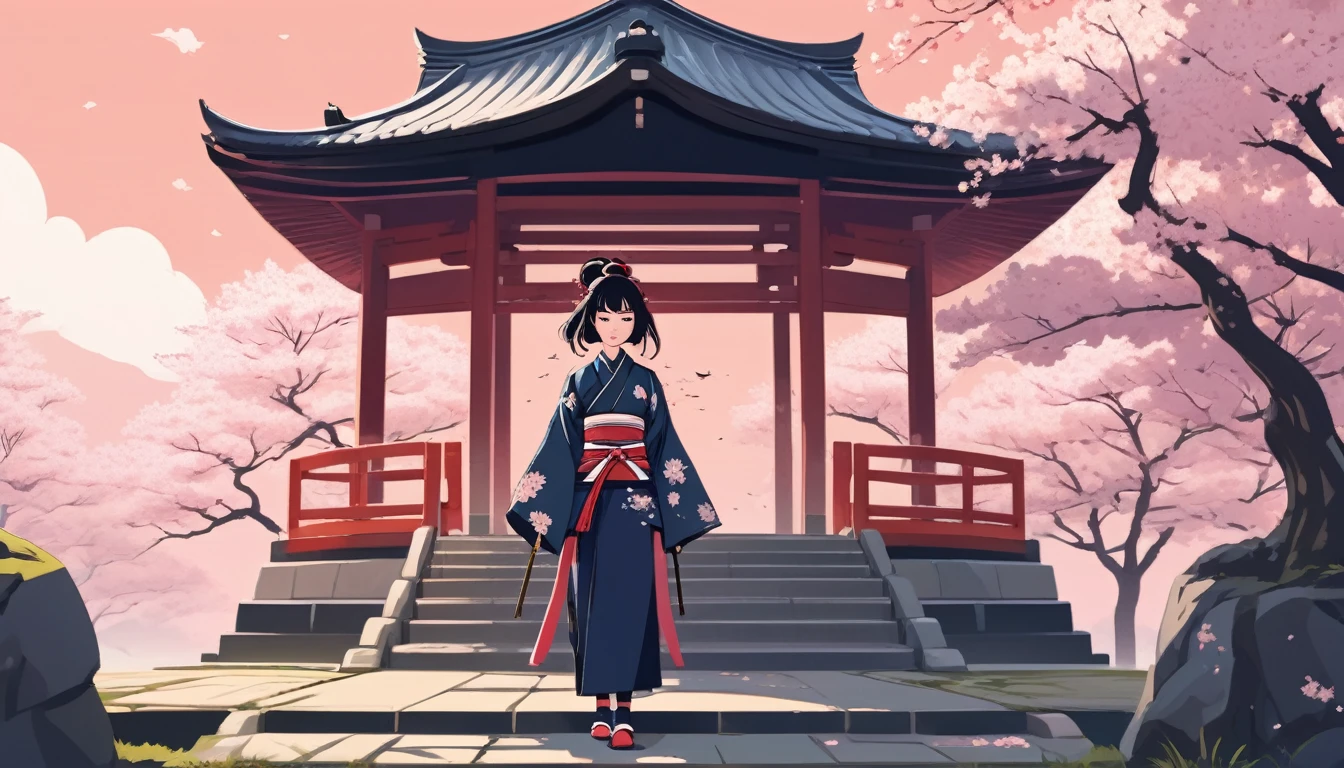 Female samurai,Background is cherry blossoms and a Japanese temple、 Wide-angle lens, Lofi Anime, Lofi illustration, Aesthetic atmosphere, Lo-Fi Style, Vector art, Flat Design, Simple shape, Warm tones, Pleasant atmosphere, Chill, In anime style, Digital drawing, Vector art, Vector logo for t-shirt printing, (Adorable:1.5), (small:1.4), (Playful:1.2), (soft:1.3), (Whimsical:1.1), masterpiece, Highest quality, 8K, Intricate details, grow, Celestial, Mysterious, Picturesque, amazing, Majestic, Magic, Fantasy art, Cover art, dream-like