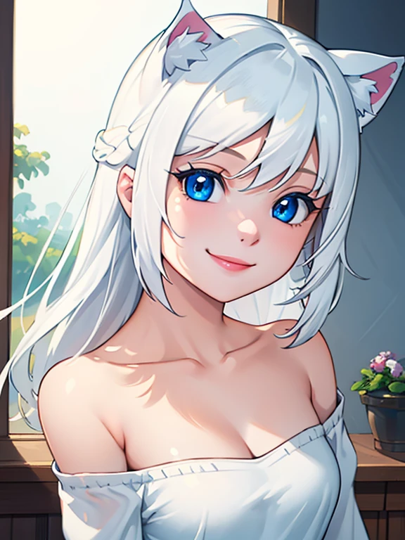 (Masterpiece: 1.2, highest quality), (real photo, intricate details), 1 Lady, Solo, Upper body, Casual, shoulder length hair, Minimal makeup, Natural fabric, Face close-up, Smile, Home, white hair, blue eyes, cat ears,