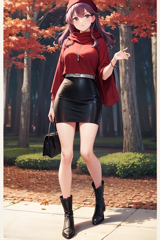 best quality, highres, beautiful woman looking at viewer, red hoodie, black midi pencil skirt, pencil skirt, beanie, leather boots, red scarf, full body, medium purple hair, wavy hair, garden, fall evening, tree, leaves, park