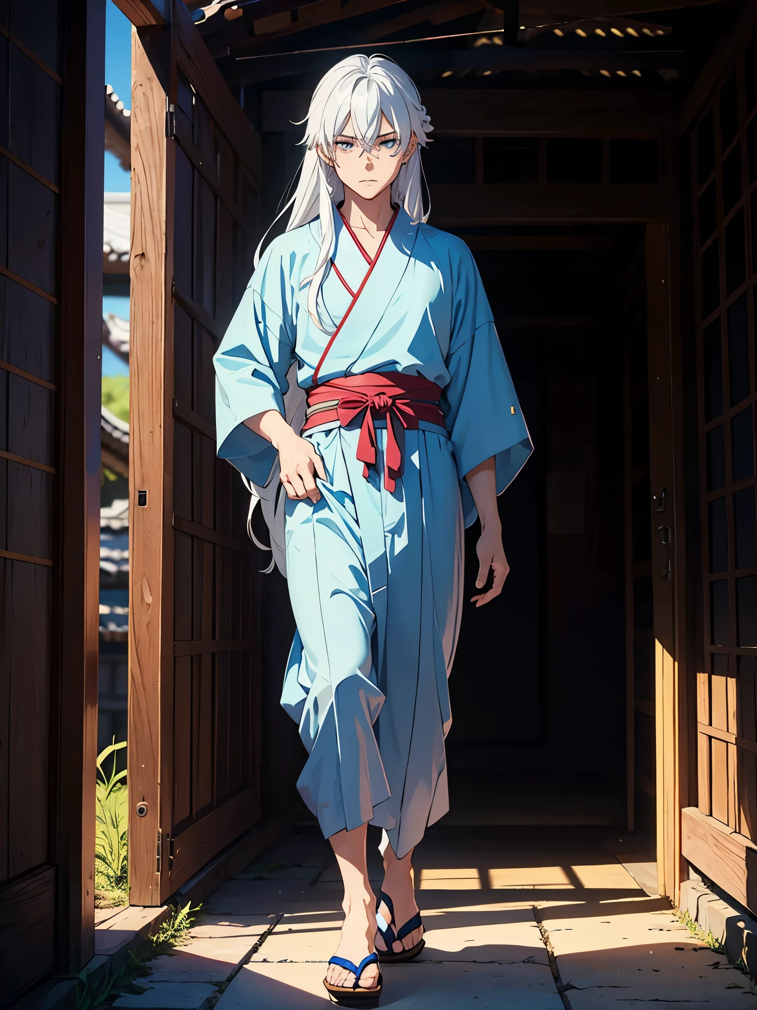 More anime. boy. tao. masculine. Boy. Long hair. White hair. Japanese Gate. Tori. kimono. . More anime. light blue light. Bright bright light.