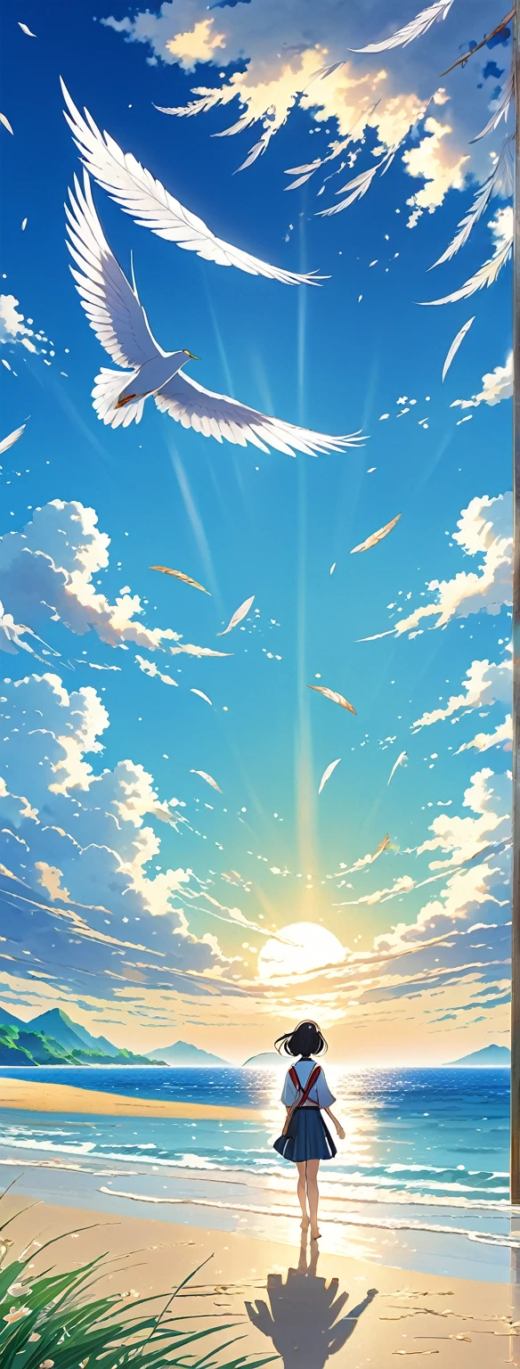 Well detailed anime landscape, The 100 series poster style with people falling from the sky, Os 100, people falling to the sky, beautiful horizon on the beach, floating wing feathers
falling seen from afar, clouds, small with brush strokes, serene sky anime nature wallpaper, anime beautiful scene, beautiful anime peace scene, Makoto Shinkai Cyril Rolando, beautiful anime scene, amazing wallpaper, wallpaper anime art 8k, anime background, anime art background, anime 4k wallpaper, anime art 4k wallpaper, anime art 4k wallpaper,