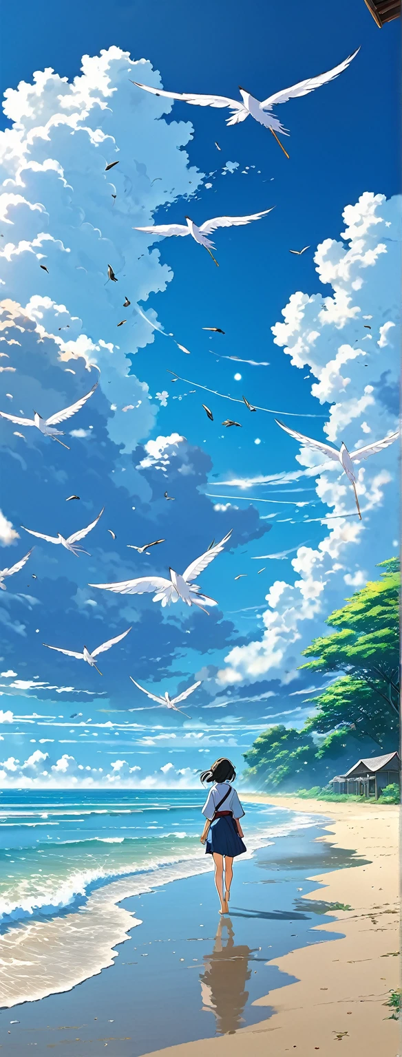 Well detailed anime landscape, The 100 series poster style with people falling from the sky, Os 100, people falling to the sky, beautiful horizon on the beach, floating wing feathers
 falling seen from afar, clouds, small with brush strokes, serene sky anime nature wallpaper, anime beautiful scene, beautiful anime peace scene, Makoto Shinkai Cyril Rolando, beautiful anime scene, amazing wallpaper, wallpaper anime art 8k, anime background, anime art background, anime 4k wallpaper, anime art 4k wallpaper, anime art 4k wallpaper,